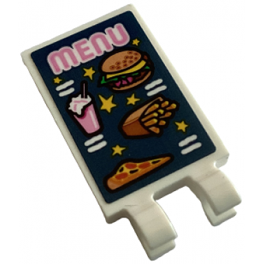 white tile modified 2 x 3 with 2 open o clips with bright pink menu hamburger drink fries and pizza slice on dark blue background pattern sticker - set 40687