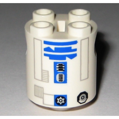 white brick round 2 x 2 x 2 robot body with bottom axle holder x shape orientation with light bluish gray rectangle outlines and blue pattern sw r2-d2 clone wars