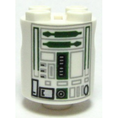 white brick round 2 x 2 x 2 robot body with bottom axle holder x shape orientation with sw astromech droid light bluish gray rectangles and dark green utility arms pattern