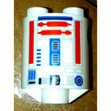 white brick round 2 x 2 x 2 robot body with bottom axle holder x shape orientation with sw astromech droid light bluish gray rectangles red utility arms blue center panel pattern