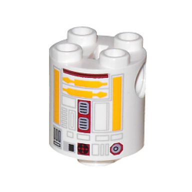 white brick round 2 x 2 x 2 robot body with bottom axle holder x shape orientation with yellow lines and dark red pattern sw r5-f7