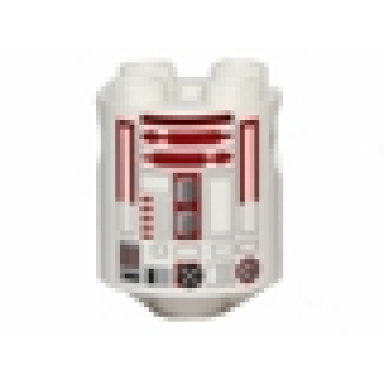 white brick round 2 x 2 x 2 robot body with bottom axle holder x shape orientation with black full small rectangles dark red lines and dark red pattern sw r4-p17