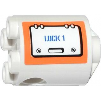 white brick round 2 x 2 x 2 robot body with bottom axle holder x shape orientation with hatch with blue lock 1 on orange background pattern model left side sticker - set 60014