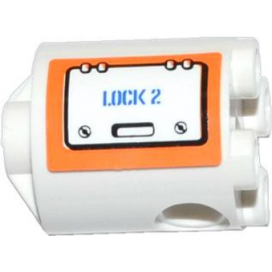 white brick round 2 x 2 x 2 robot body with bottom axle holder x shape orientation with hatch with blue lock 2 on orange background pattern model right side sticker - set 60014