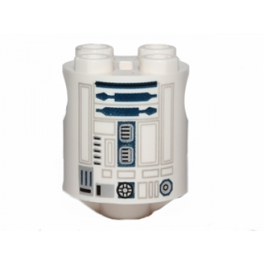 white brick round 2 x 2 x 2 robot body with bottom axle holder x shape orientation with light bluish gray lines and dark blue pattern sw r2-d2 r3-t2