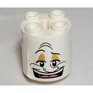 white brick round 2 x 2 x 2 robot body with bottom axle holder x shape orientation with open mouth smile lumière lumiere face pattern sticker - set trulumiere