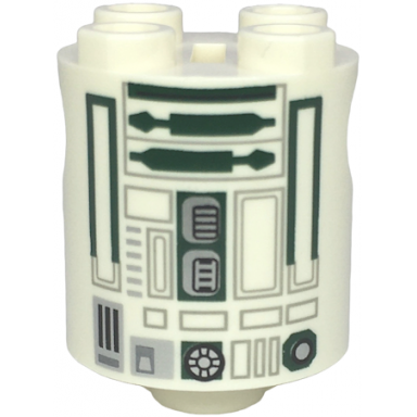 white brick round 2 x 2 x 2 robot body with bottom axle holder x shape orientation with sw astromech droid light bluish gray rectangles and dark green utility arms and data port slot pattern