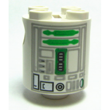 white brick round 2 x 2 x 2 robot body with gray lines and green pattern r2-r7
