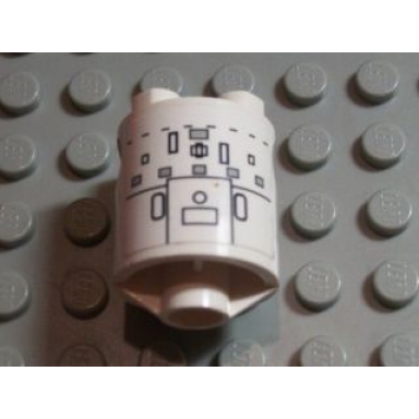 white brick round 2 x 2 x 2 robot body with gray squares black lines and circles pattern on both sides stickers - set 7467