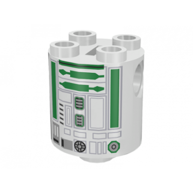white brick round 2 x 2 x 2 robot body with black lines and green pattern r2 unit