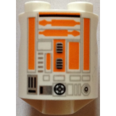 white brick round 2 x 2 x 2 robot body with orange lines pattern r3-a2