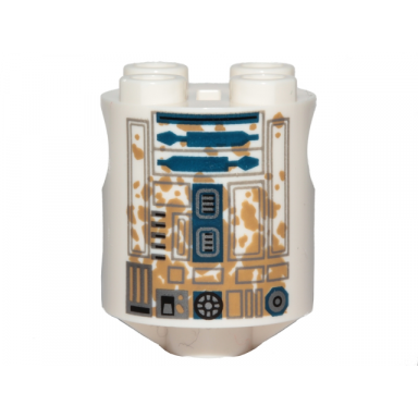 white brick round 2 x 2 x 2 robot body with gray lines and dark blue with dark tan dirt stains pattern r2-d2