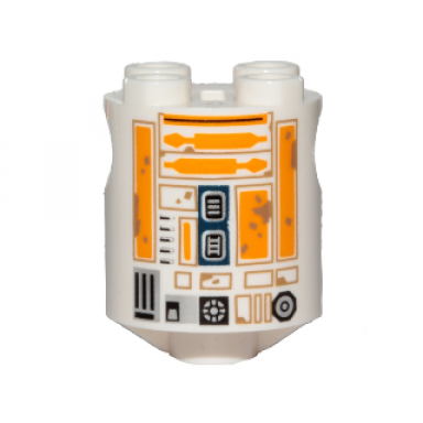 white brick round 2 x 2 x 2 robot body with dark tan lines and bright light orange with dark tan dirt stains pattern r5-a2