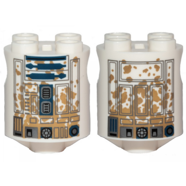 white brick round 2 x 2 x 2 robot body with gray lines and dark blue with dark tan dirt stains pattern on both sides r2-d2
