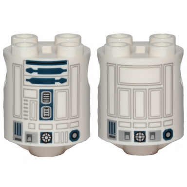 white brick round 2 x 2 x 2 robot body with gray lines and dark blue pattern on both sides r2-d2