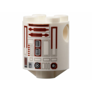 white brick round 2 x 2 x 2 robot body with light bluish gray lines dark bluish gray rectangles and dark red droid details pattern r4-p17