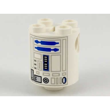 white brick round 2 x 2 x 2 robot body with gray lines and blue pattern r2-d2