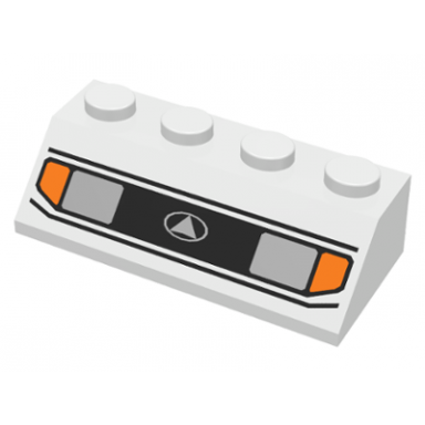 white slope 45 2 x 4 with silver car headlights orange signal lights black grille with white triangle in oval logo pattern