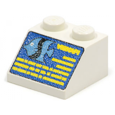 white slope 45 2 x 2 with blue screen with medium blue fish and yellow lines pattern