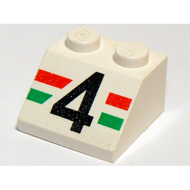 white slope 45 2 x 2 with number 4 and red and green stripes pattern
