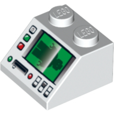 white slope 45 2 x 2 with control panel and screen with minifigure scan pattern