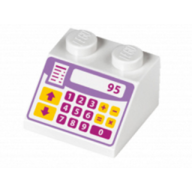 white slope 45 2 x 2 with medium lavender cash register with magenta and bright light orange buttons pattern