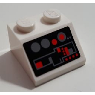 white slope 45 2 x 2 with dark bluish gray and red control panel with buttons on black background pattern sticker - set 8129