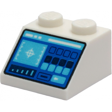 white slope 45 2 x 2 with control panel with medium azure and dark blue buttons crosshairs bar chart and slot pattern