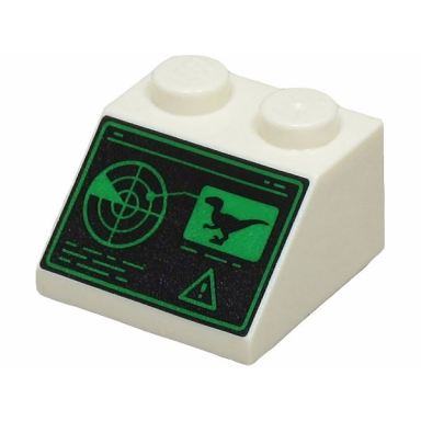 white slope 45 2 x 2 with black and green control screen with radar lines dinosaur and warning sign pattern