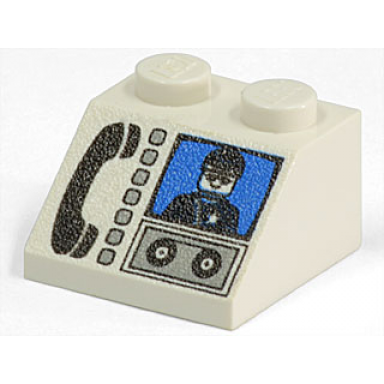 white slope 45 2 x 2 with black phone light gray buttons and minifigure on blue screen pattern