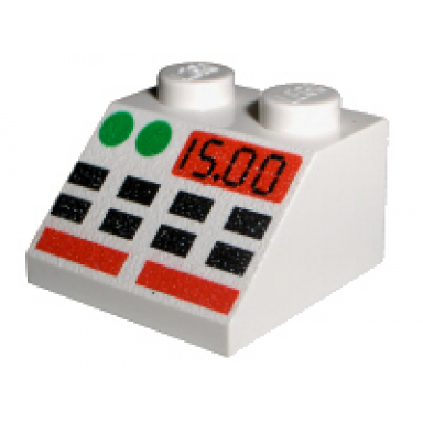 white slope 45 2 x 2 with black green and red buttons and 15.00 pattern