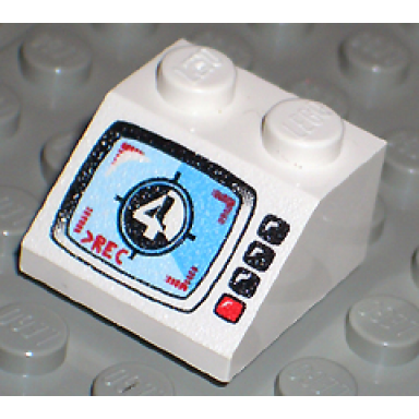 white slope 45 2 x 2 with video editing screen with number 4 gt;rec and black and red buttons pattern