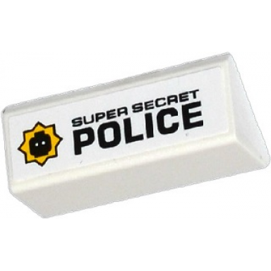 white slope 45 2 x 4 double with black super secret police and minifigure head badge on left pattern sticker - set 70802