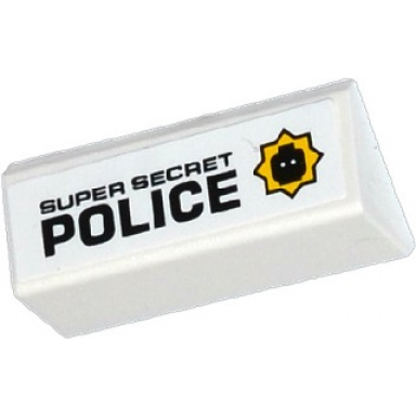 white slope 45 2 x 4 double with black super secret police and minifigure head badge on right pattern sticker - set 70802