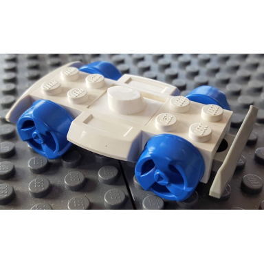 white vehicle base 4 x 6 racer base with blue wheels and light gray bumper