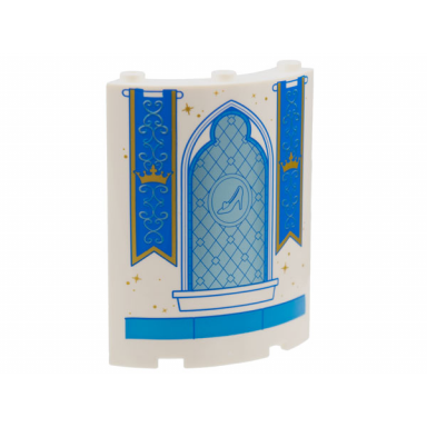 white cylinder quarter 4 x 4 x 6 with metallic light blue stained glass window with glass slipper and blue banners with gold crown pattern