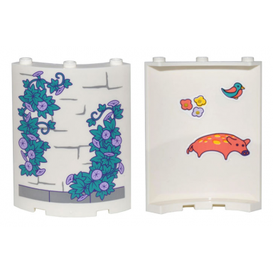 white cylinder quarter 4 x 4 x 6 with dark bluish gray brick outlines and dark turquoise vines on outside and pig bird and 3 flowers on inside pattern stickers - set 43205
