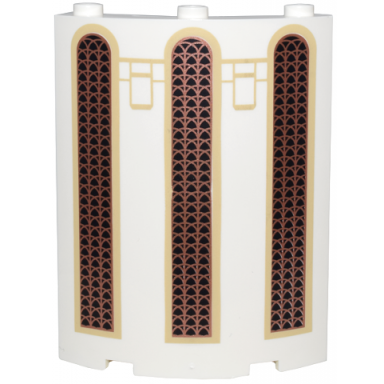 white cylinder quarter 4 x 4 x 6 with black narrow arched windows with copper lattice screens and tan frames pattern