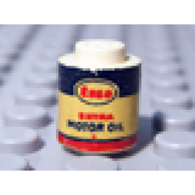 white brick round 1 x 1 - solid stud no bottom lip with esso extra motor oil pattern sticker - sets 1247-2 1251-2