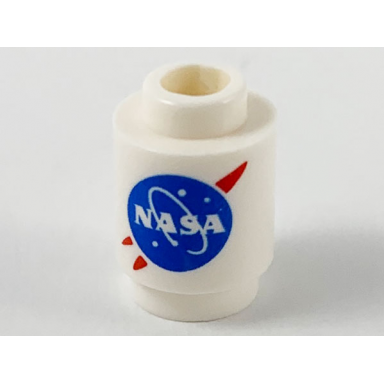 white brick round 1 x 1 with blue and red nasa logo pattern