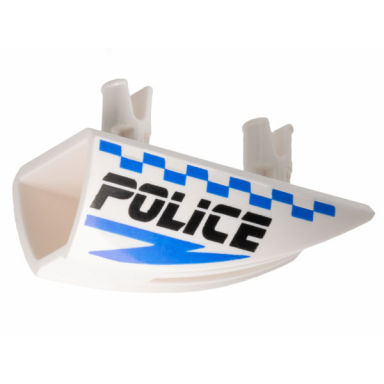 white vehicle fairing 1 x 4 side flaring intake with 2 pins with black police blue lightning bolt and checkered pattern model right side