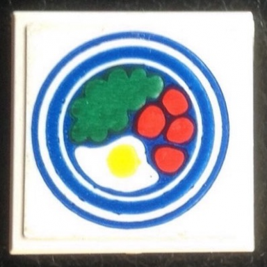 white tile 2 x 2 without groove with blue circle plate fried egg 4 red spots pattern 1 sticker - set 269