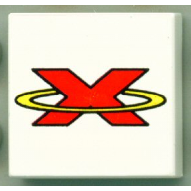 white tile 2 x 2 with red capital letter x in yellow oval extreme team logo pattern