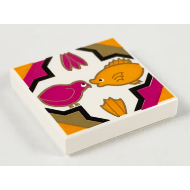 white tile 2 x 2 with bird fish flowers in quatrefoil magenta gold medium orange pattern