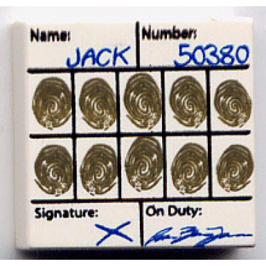 white tile 2 x 2 with fingerprints name: jack number: 50380 signature: and on duty: pattern