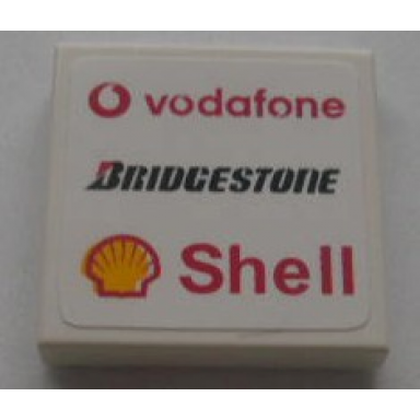 white tile 2 x 2 with new vodafone bridgestone and shell logos pattern sticker - sets 8672 8673