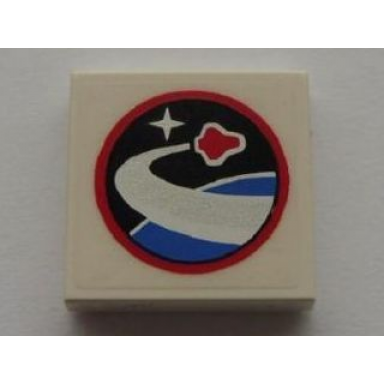 white tile 2 x 2 with red flying shuttle over blue planet pattern sticker - sets 10213 10231