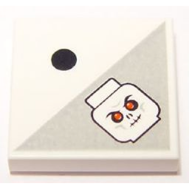 white tile 2 x 2 with 1 black dot and light bluish gray triangle with skull with red eyes pattern