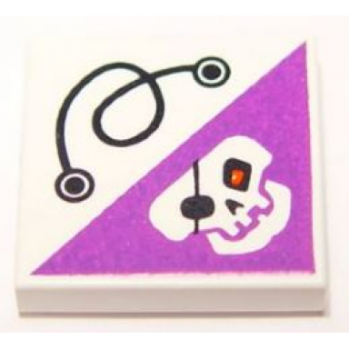 white tile 2 x 2 with string and dark purple triangle with skull with eye patch and red eye pattern