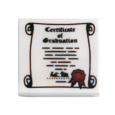 white tile 2 x 2 with certificate of graduation and red ribbon on scroll pattern